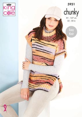 A woman is wearing a variegated knitted tank in shades of yellow, red, orange and pale purple with random thin black stripes throughout.