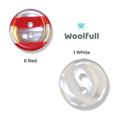 A red and clear striped button and a white and clear striped button.