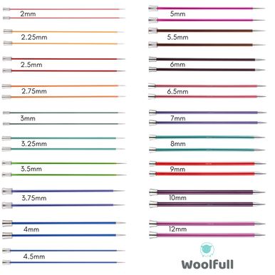 Every size of knitting needles alongside their size.