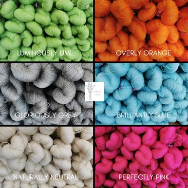 A shade card showing the 6 shades of Romade Yarns 4ply - green, orange, grey, blue, cream and pink.