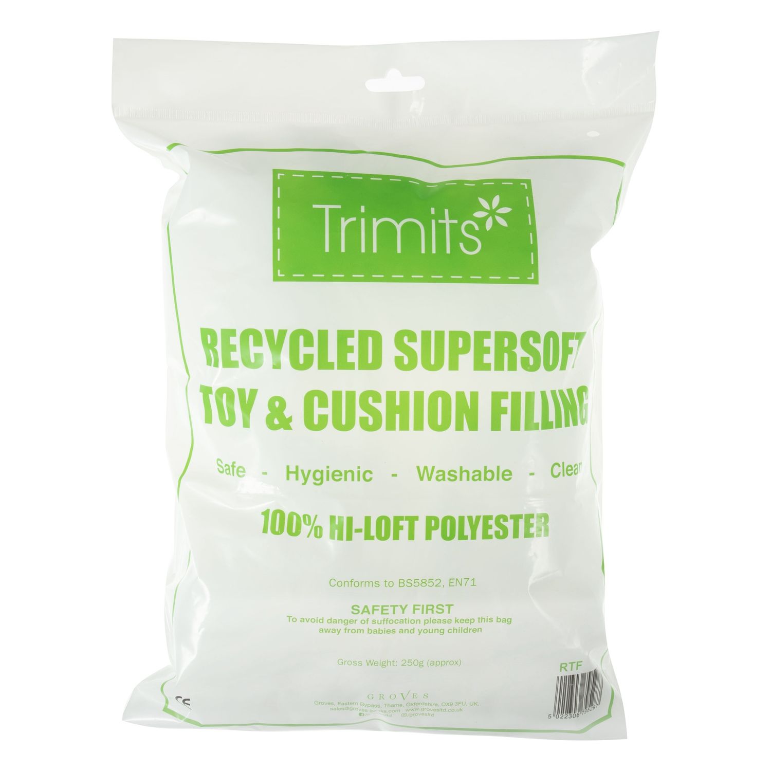 A white bag of toy stuffing.