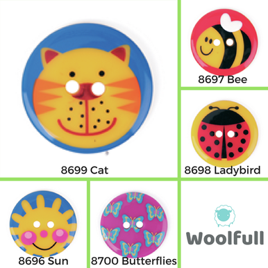 A blue button with a yellow cat design, a red button with a yellow and black bee design, a yellow button with a red and black ladybird design, a blue button with a yellow sunshine design and a pink button with a blue butterfly design.