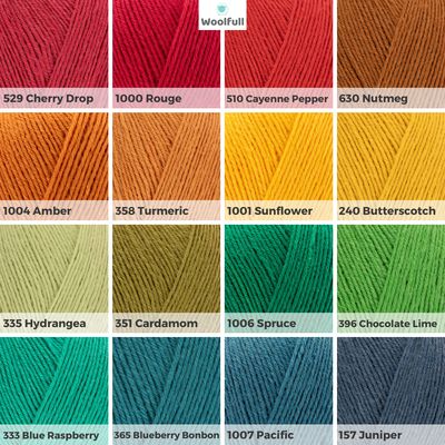 A shade card showing 16 colours of Signature 4ply in solid shades including reds, oranges, yellows, greens and blues.