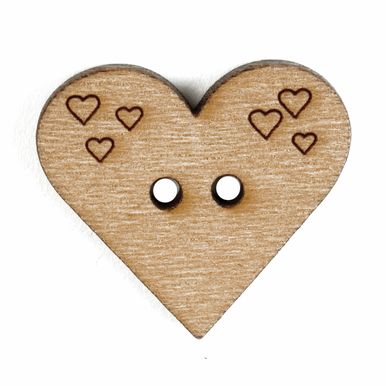 A wooden heart shaped button with small heart outlines at the top.
