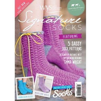 The front cover of the pattern, showing a pair of magenta purple knitted socks.