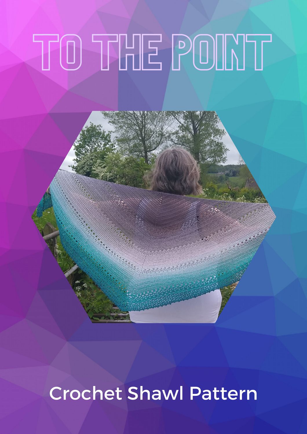 The front cover of the pattern. The background is a purple, blue and teal geometric deisgn, with the title at the top and a photo of the shawl in the centre.