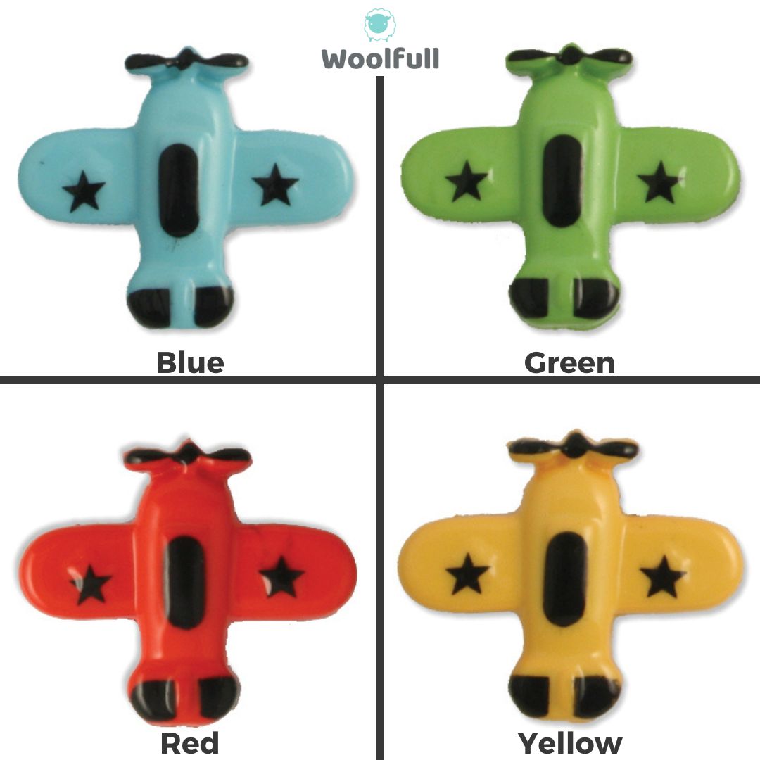 4 aeroplane shaped buttons in blue, green, red and yellow.
