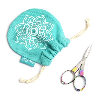 A pair of scissors alongside the fabric storage pouch.