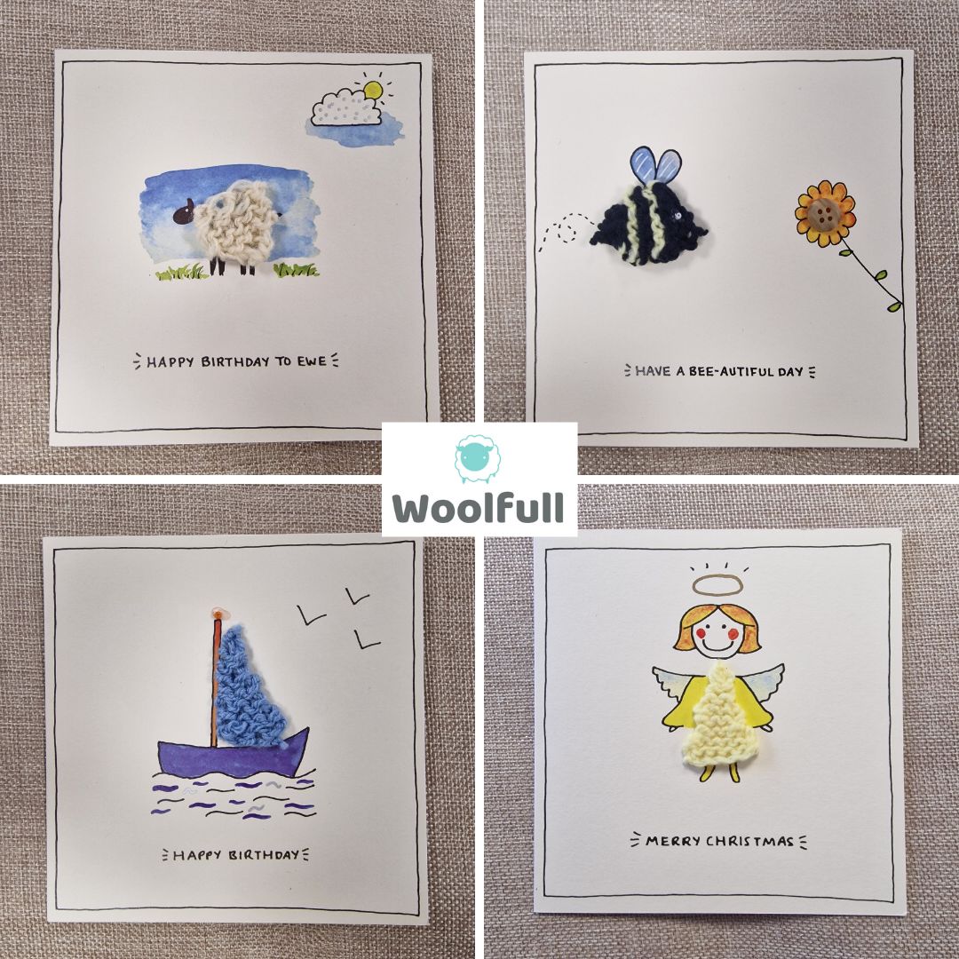 4 card designs. 1 with a sheep, 1 with a bee, 1 with a boat and 1 with an angel.