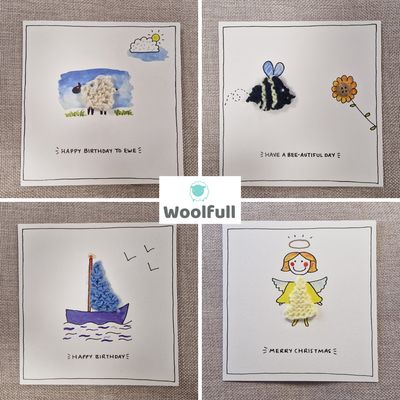 4 card designs. 1 with a sheep, 1 with a bee, 1 with a boat and 1 with an angel.