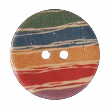 A round coconut button with a rainbow stripe design on it.