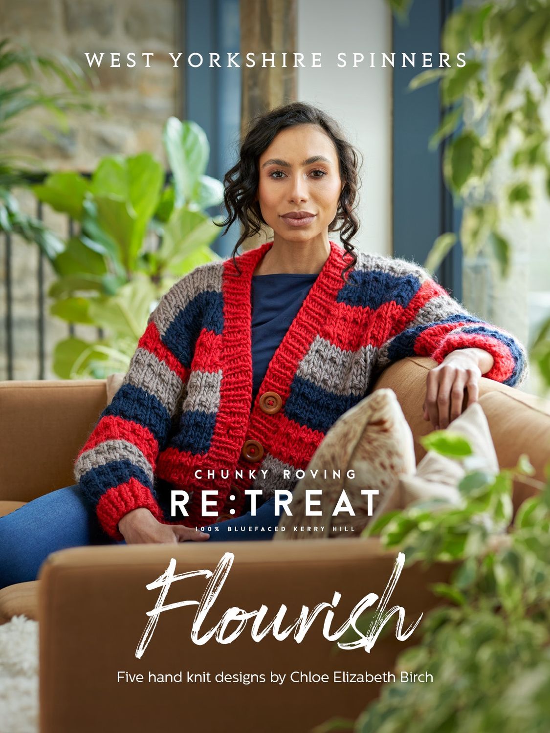 The front cover of the book showing a woman wearing a knitted cardigan in red, blue and beige.