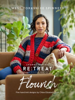 The front cover of the book showing a woman wearing a knitted cardigan in red, blue and beige.