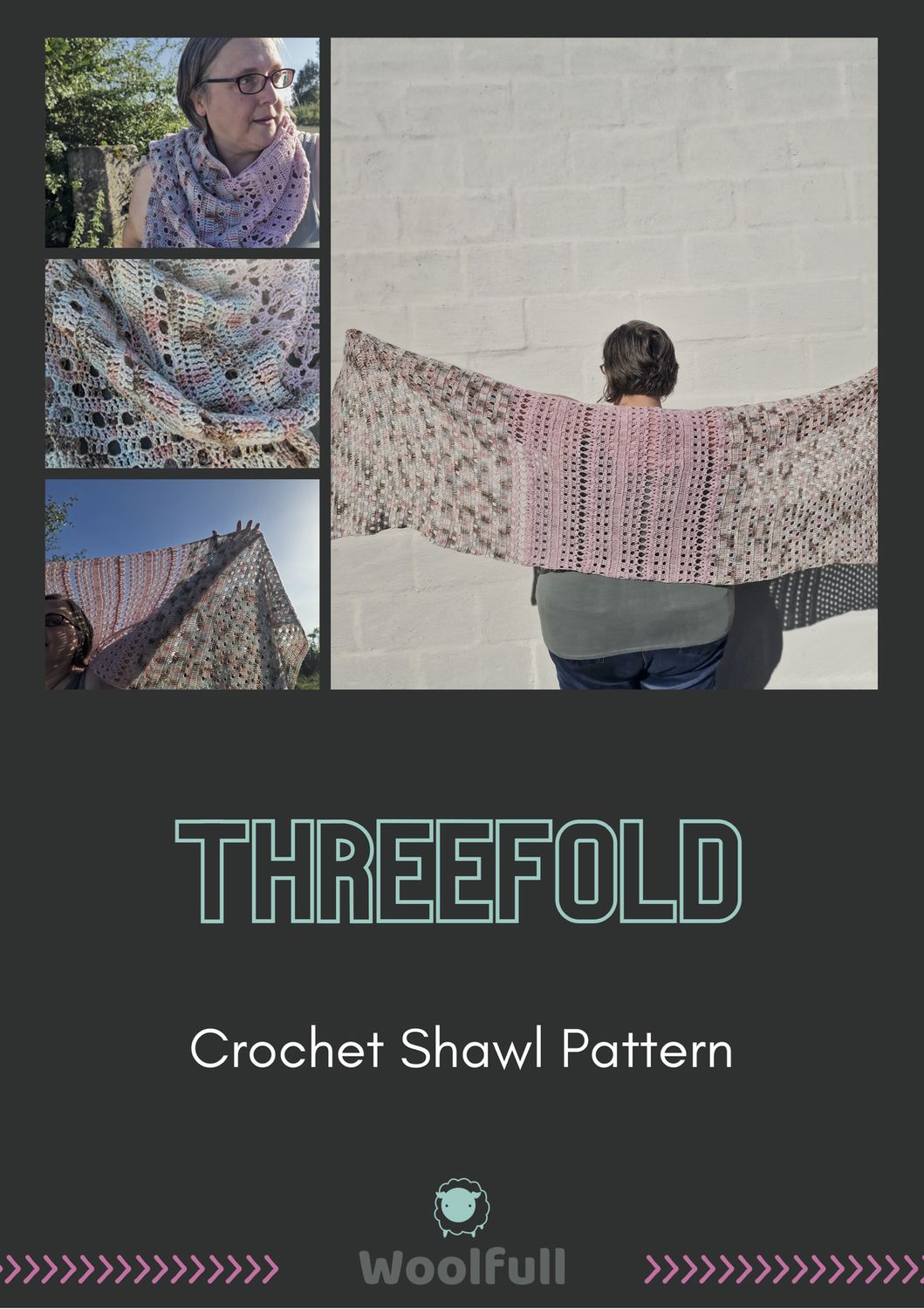 The front cover of the pattern. The background is black, with three photos of the shawl and the title below.