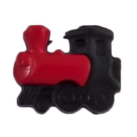 A black and red train shaped button.