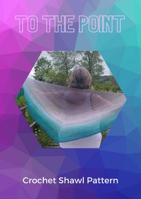 The front cover of the pattern. The background is a purple, blue and teal geometric deisgn, with the title at the top and a photo of the shawl in the centre.