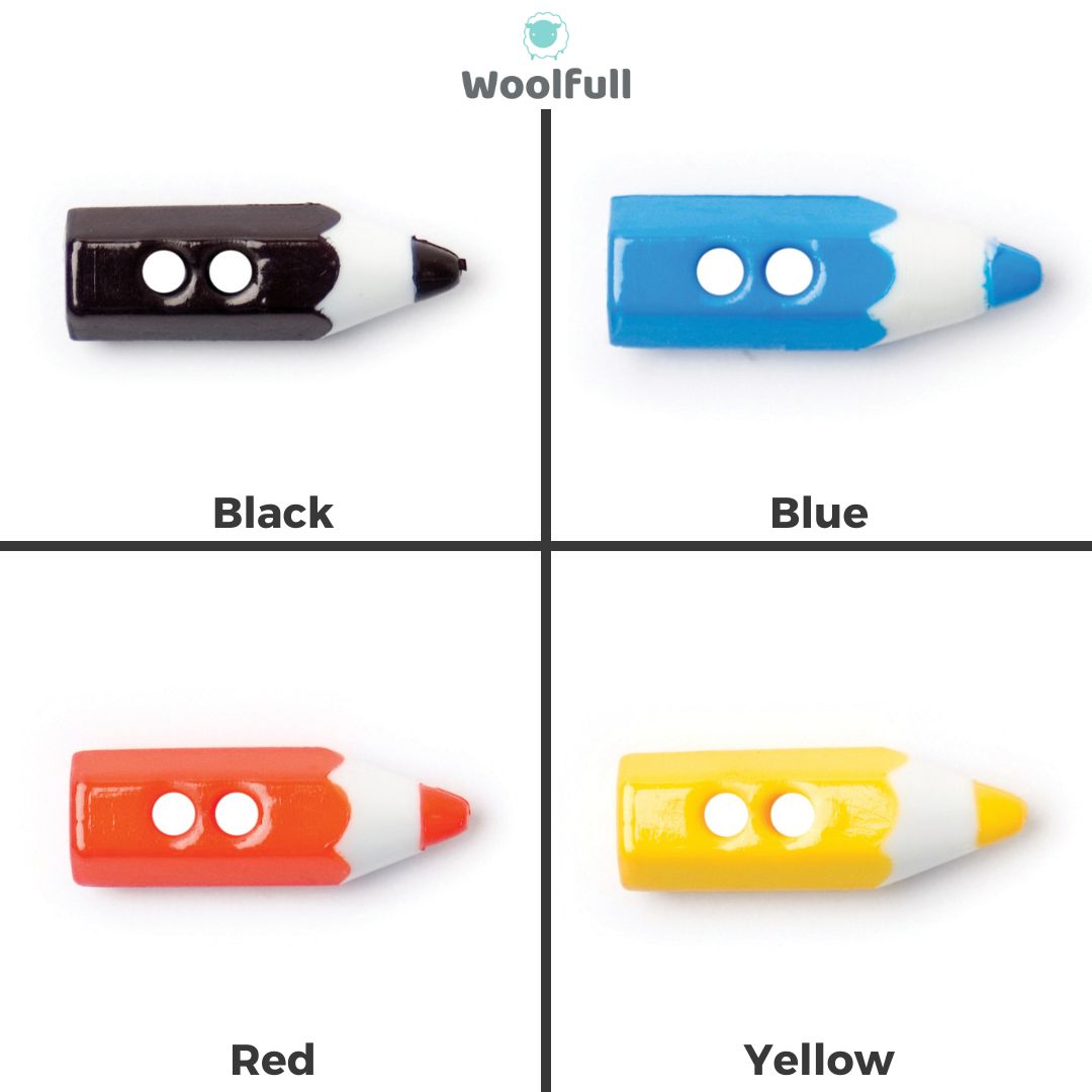 4 pencil shaped buttons in black, blue, red and yellow.