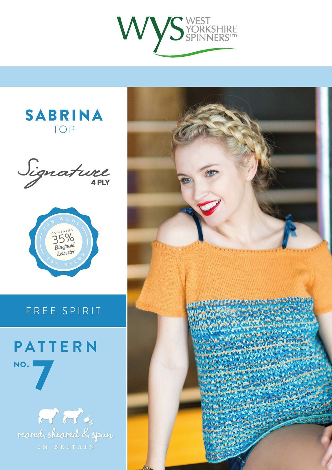 The front cover of the pattern, with a woman wearing an orange and blue knitted top.