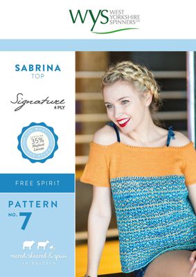 The front cover of the pattern, with a woman wearing an orange and blue knitted top.