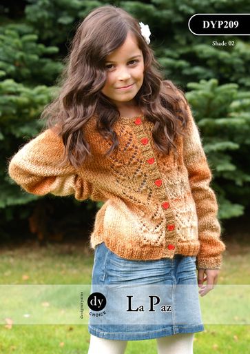 A girl is wearing an orange knitted cardigan.