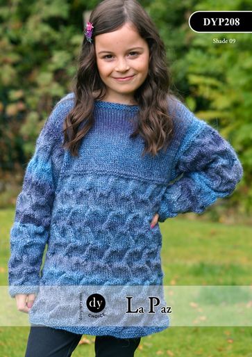 A girl is wearing a blue knitted tunic.