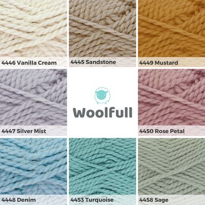 A shade card showing 8 shades of Timeless Super Chunky, in cream, brown, mustard, a purplle-silver, pink, blue, teal and sage.