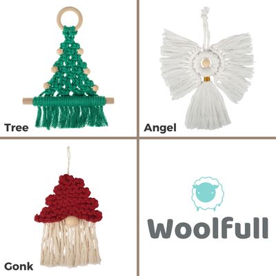 3 macramé decorations, a tree, an angel and a gonk.