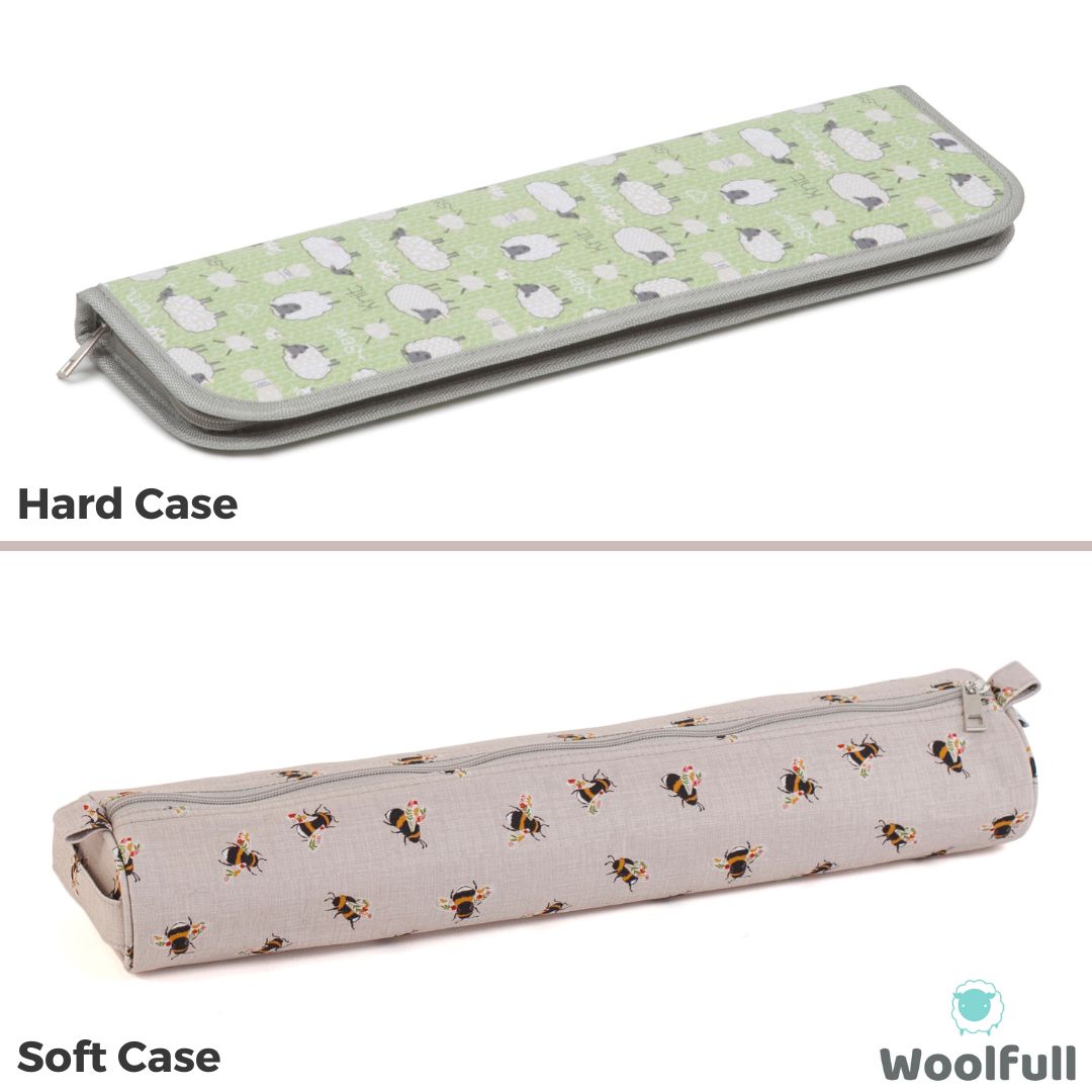 2 knitting needle cases, 1 is green with cartoon sheep and 1 is light grey with bees.
