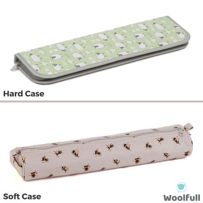 2 knitting needle cases, 1 is green with cartoon sheep and 1 is light grey with bees.