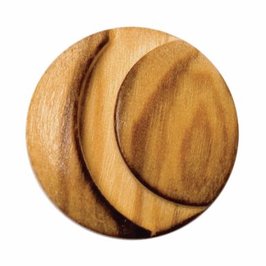 A round wooden button with a curved cut out design.