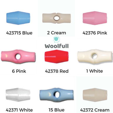 9 toggle buttons in shades of blue, cream, pink, white and red.