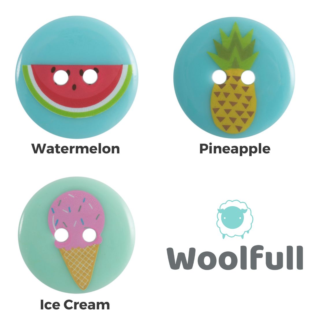 3 round blue buttons, each with a summery design on them. One is a watermelon, one is a pineapple and one is an ice cream.