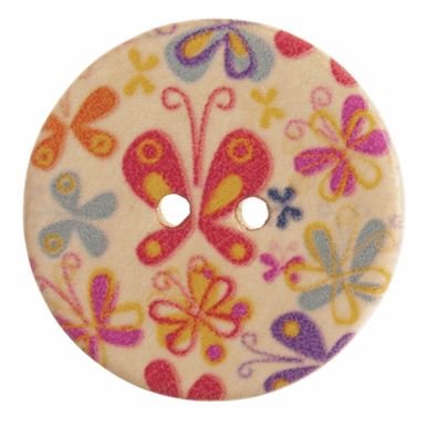 A round wooden button with a colourful butterfly print.