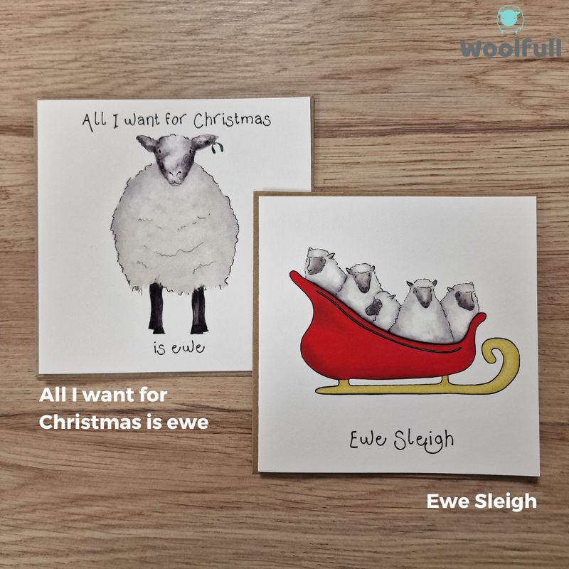 2 card designs. 1 with a sheep and text that reads &#39;All I want for Christmas is ewe&#39;, the other with a sleigh full of sheep and text that reads &#39;Ewe Sleigh&#39;.