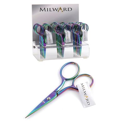 A display stand of rainbow embroidery scissors, with a single pair of scissors in front.