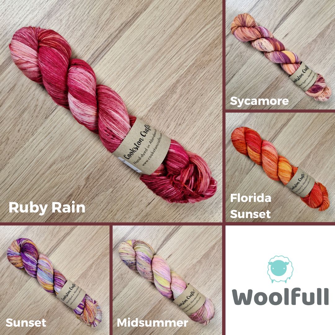 A shade card showing 5 colourways in shades of reds, oranges and pinks.
