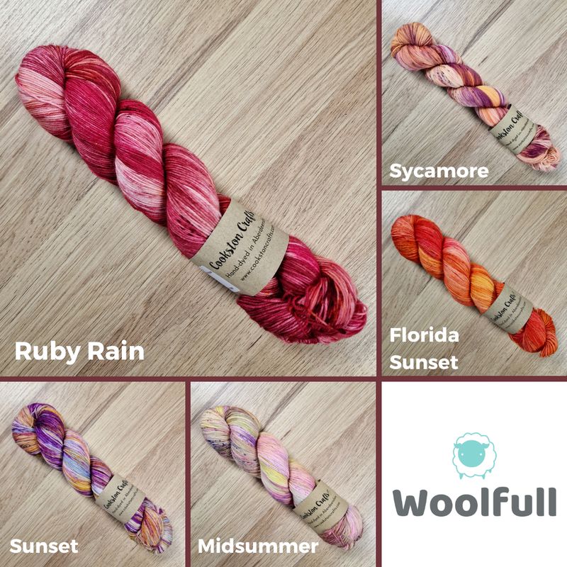 A shade card showing 5 colourways in shades of reds, oranges and pinks.