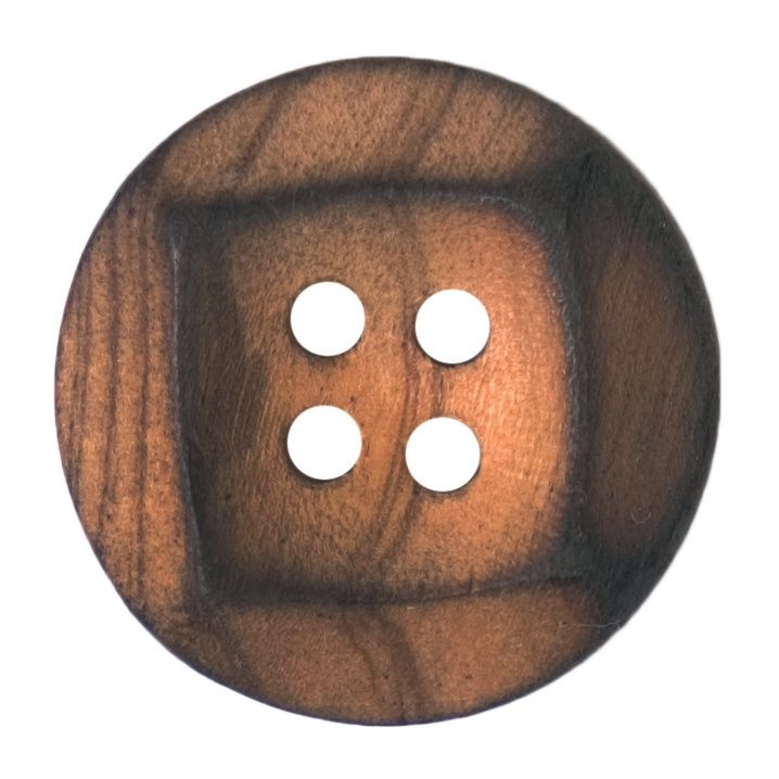 A round wooden button with an indented square.
