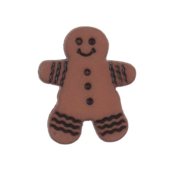 A brown gingerbread man shaped button.