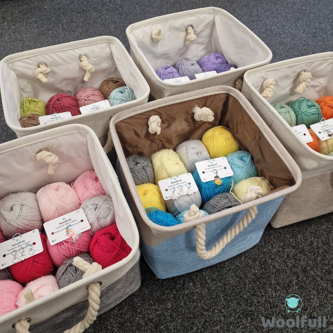 5 gift hampers filled with yarn.