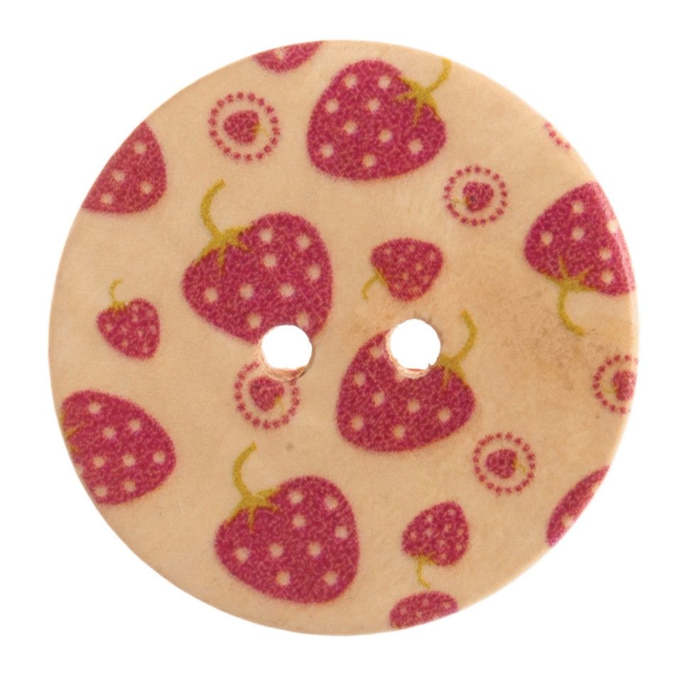 A round wooden button with a printed strawberry design.