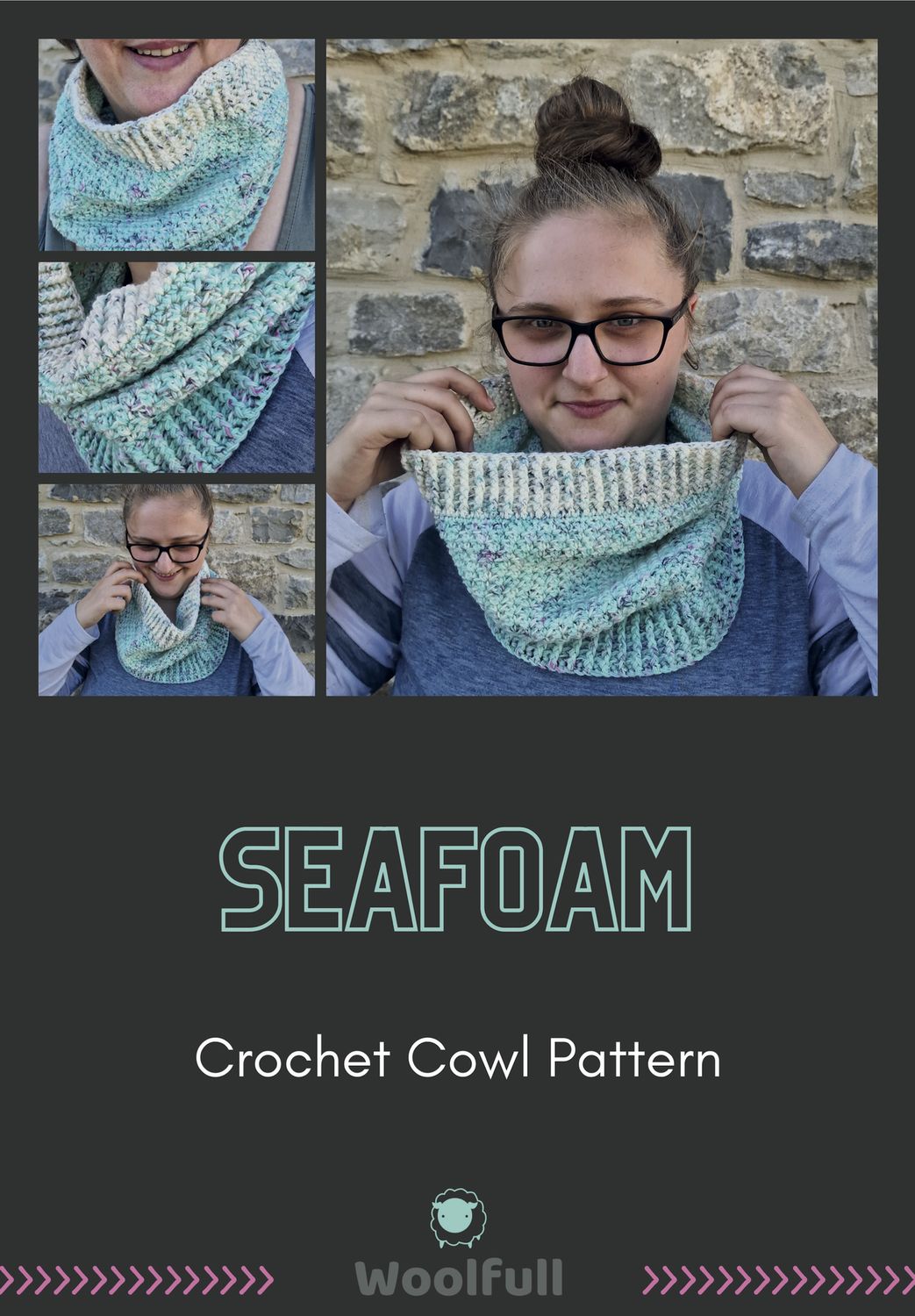 The front cover of the pattern. The background is black, with four photos of the cowl and the title below.