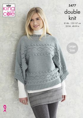 A woman is wearing a grey knitted sweater with lace detail and bobble stitches.