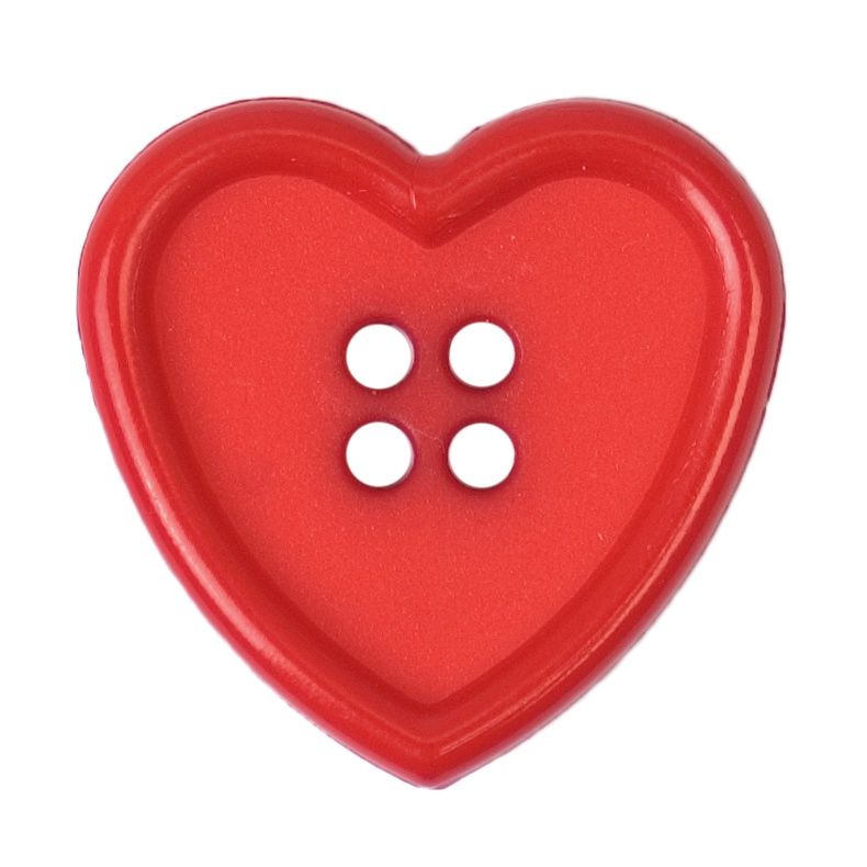 A red heart shaped plastic button with 4 holes.