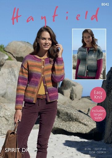 A woman is wearing a variegated orange and purple knitted cardigan.