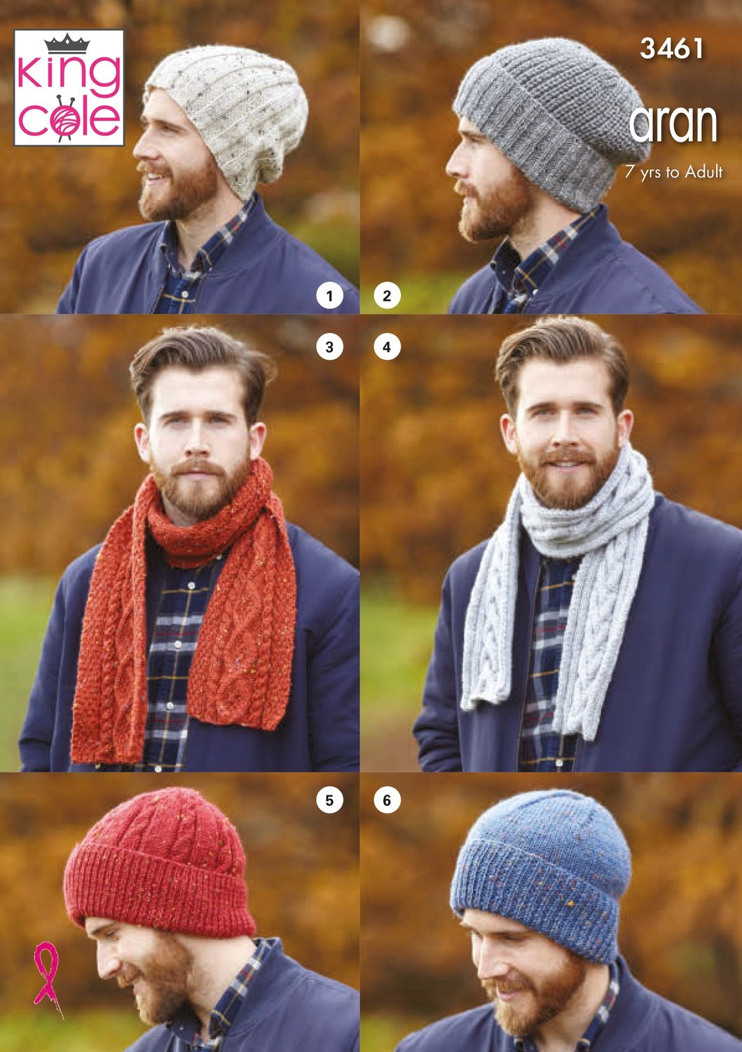6 photos of a man wearing knitted accessories. 2 with scarves and 4 with hats.