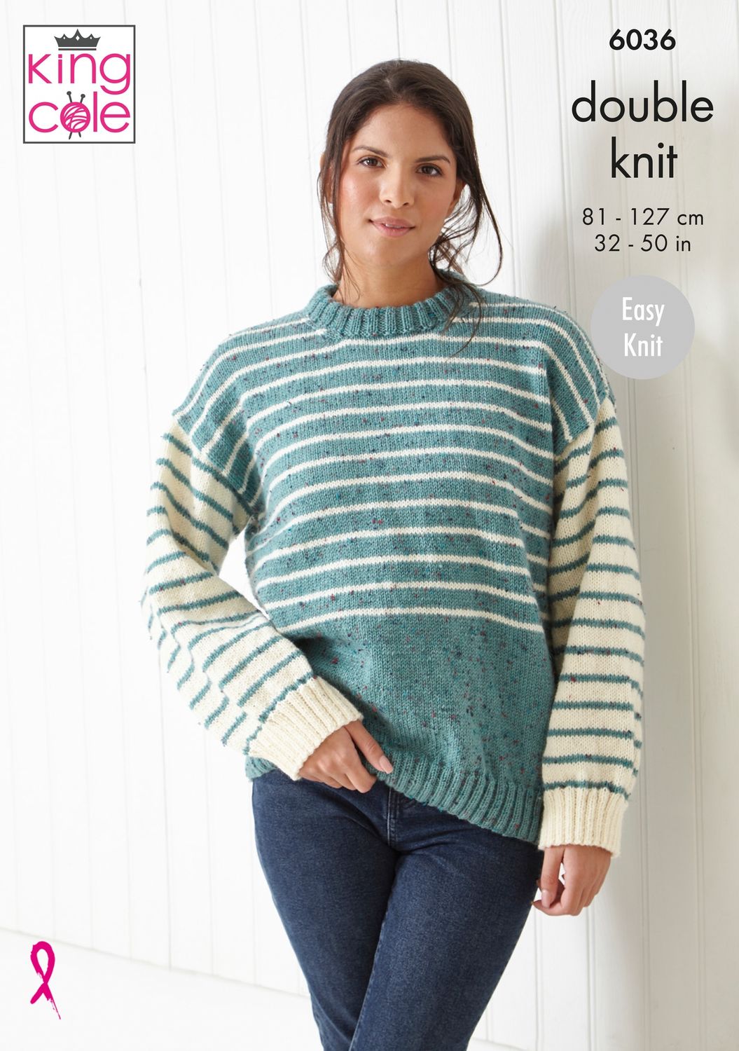 A woman is wearing a knitted striped sweater in blue and cream.