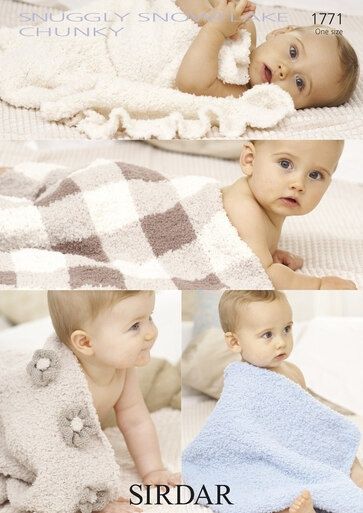 4 babies under knitted blankets using a fluffy yarn.