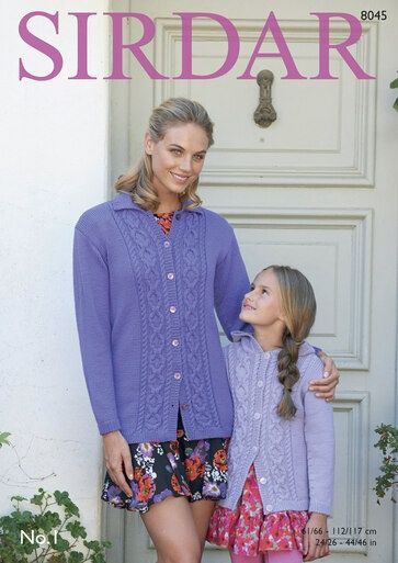 A woman and a girl are wearing purple cable knit cardigans.