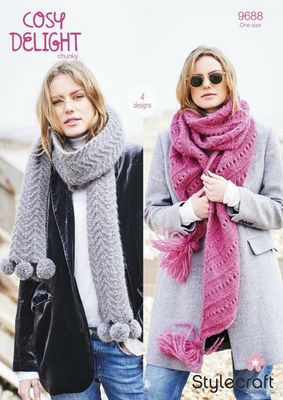 A woman wearing a grey knitted scarf and a woman wearing a pink knitted shawl.